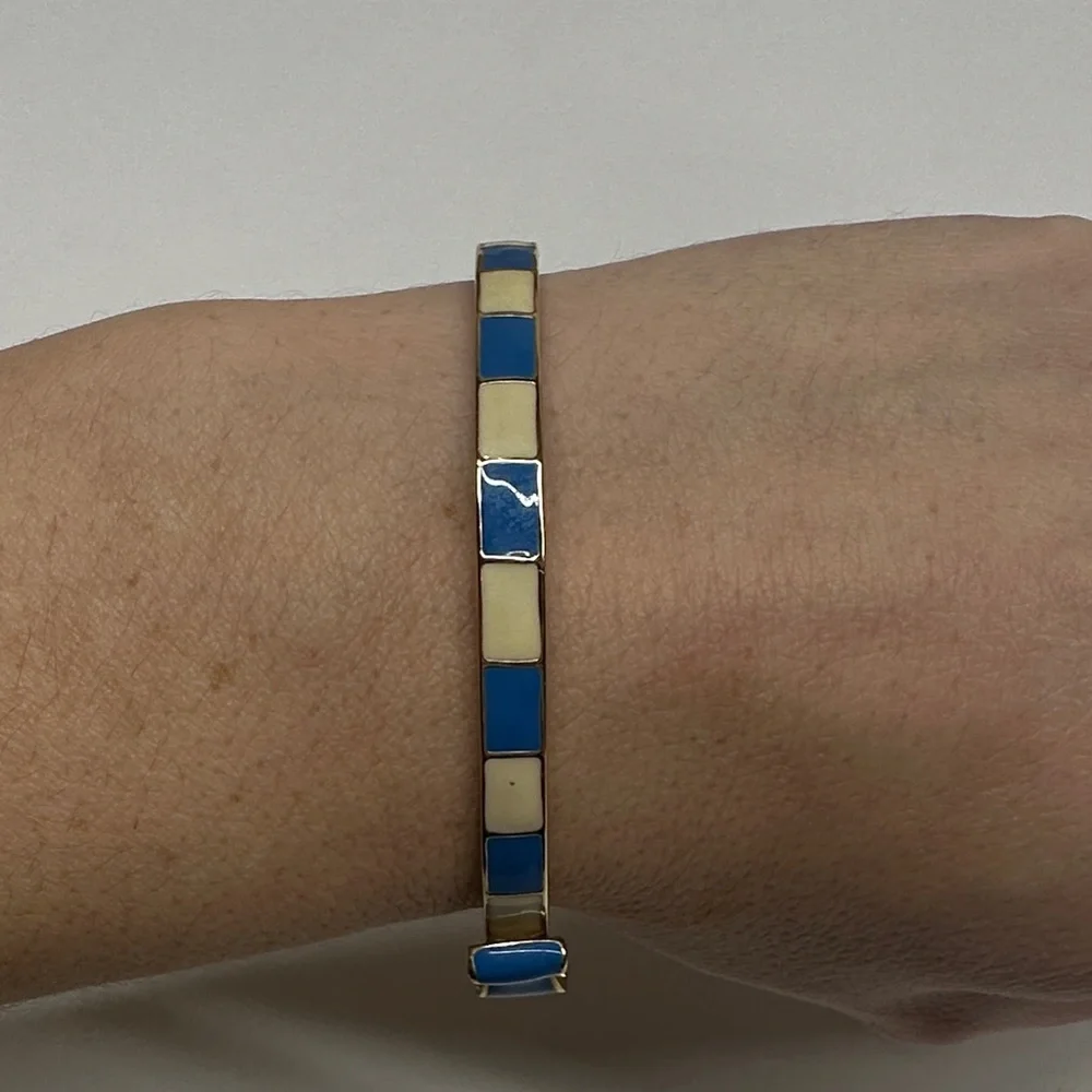 Kate Spade Take a Bow Bangle Bracelet Striped Navy Blue White 12K Gold Plated - Picture 5 of 8